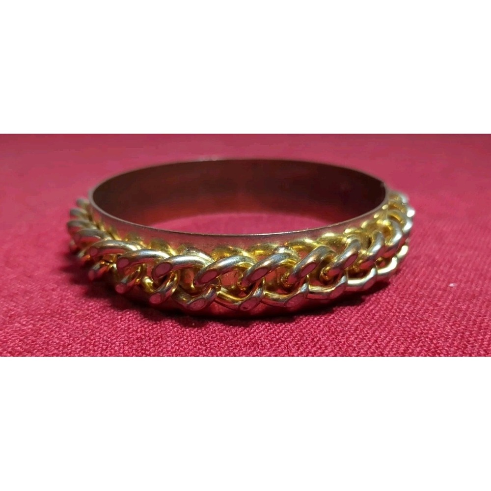 Vintage Brass Bangle Bracelet With Gold Tone Chain Detail‎